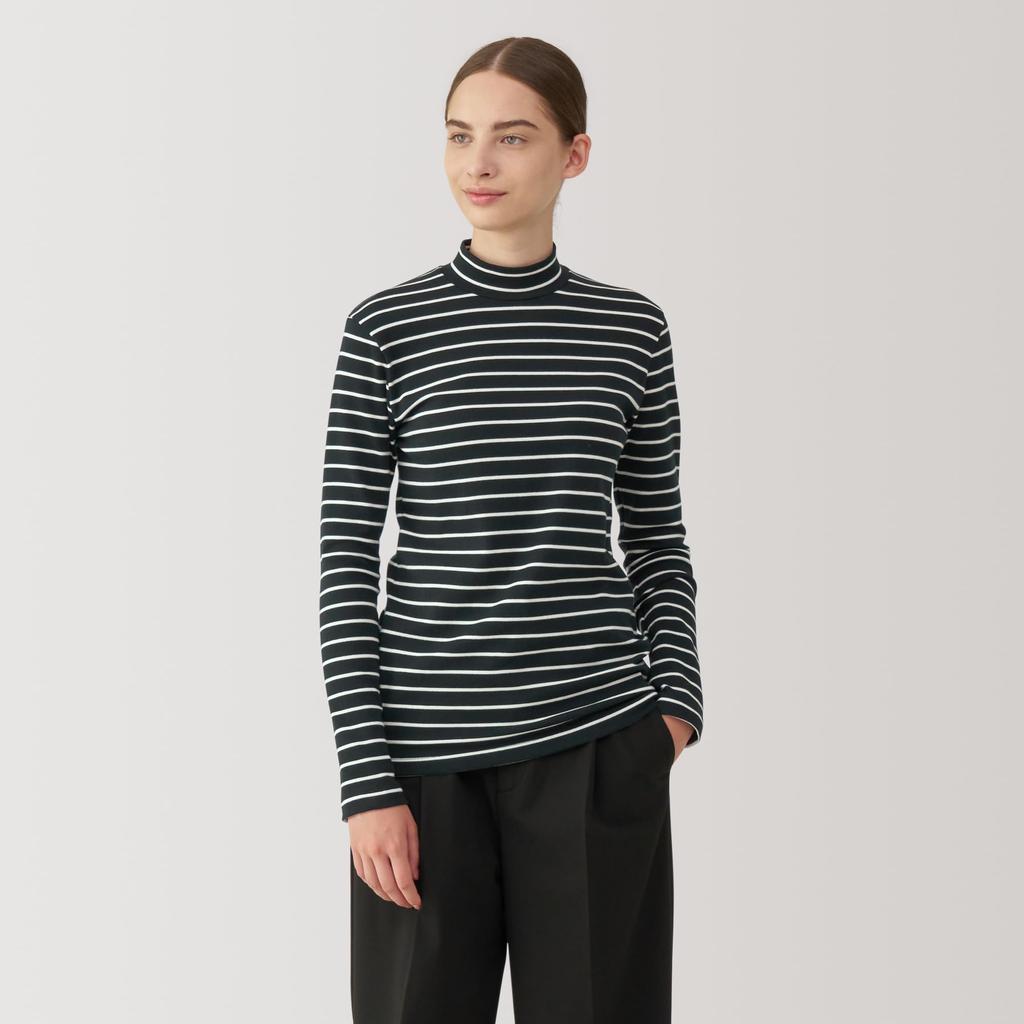 MUJI Brushed Milled Knit Black Size BB2QDA4A Women's High-Neck Long-Sleeve T-Shirt, Striped, L,