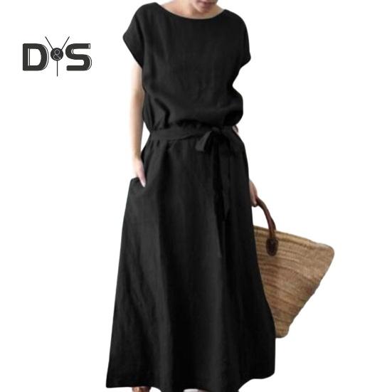 

Женское платье макси из хлопка и льна в стиле бохо, летнее, с коротким рукавом, круглым вырезом, длинным платьем, поясом и карманами, повседневный пляжный сарафан M чёрный