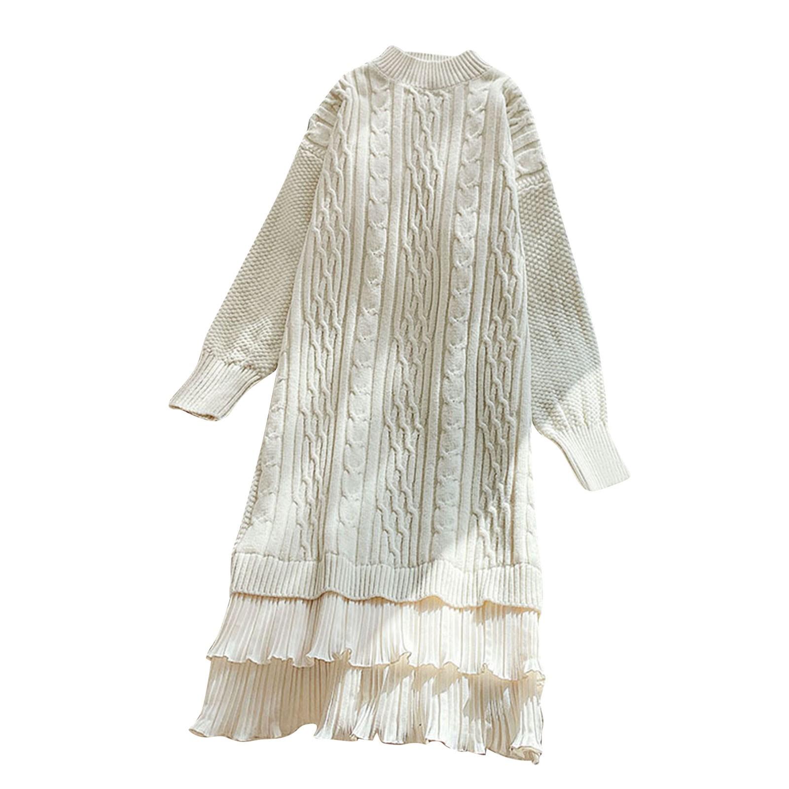 

Женское шерстяное трикотажное платье с полувысоким воротником, однотонный свитер с длинными рукавами, длинное платье One Size белый