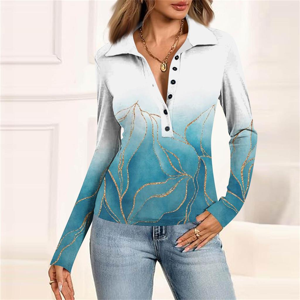 Damenmode Lässig Bedrucktes V-Ausschnitt Langarm Knopfleiste Oberteil