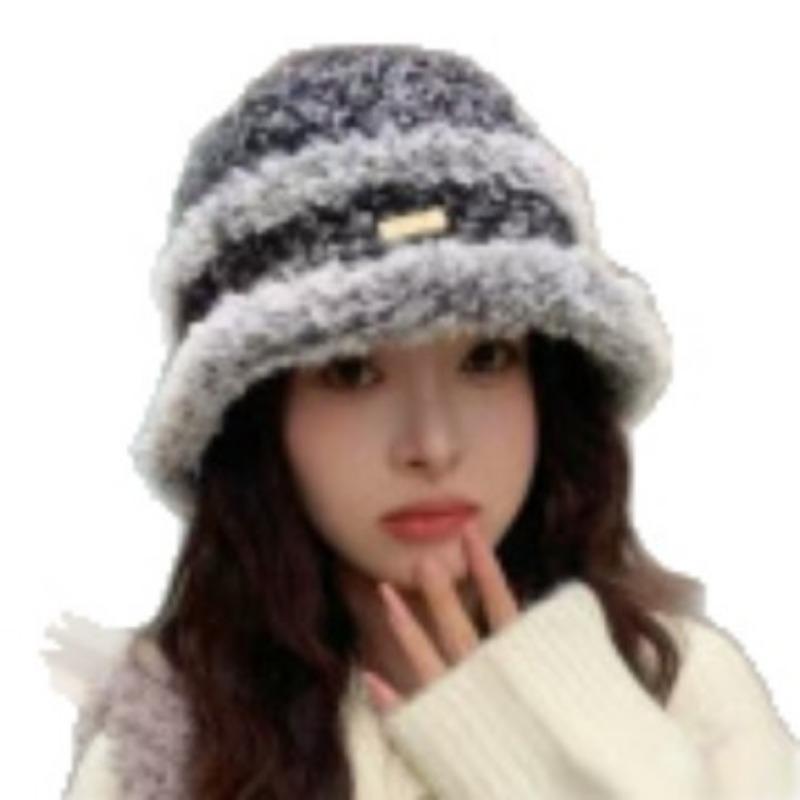 Hats Autumn and Winter Women's Korean Style Woolen Fisherman's Hat Color Blocked Striped Warm Fisherman's Hat Fashionable and Versatile Bucket Hat