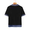Women's Fashion Denim Collar Patchwork V-Neck Faux Two-Piece Short-Sleeve Casual Top