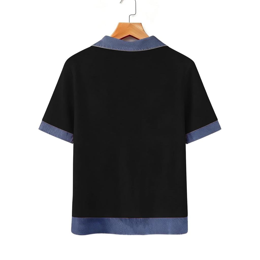Women's Fashion Denim Collar Patchwork V-Neck Faux Two-Piece Short-Sleeve Casual Top