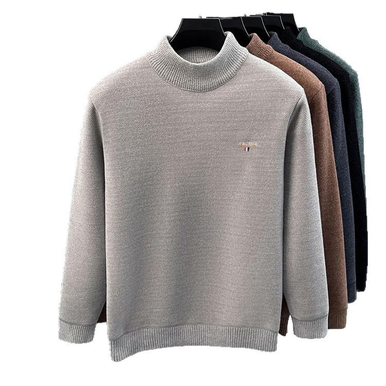 Men's Fleece-Lined Knit Sweater with Half-High Collar and Inner Fleece