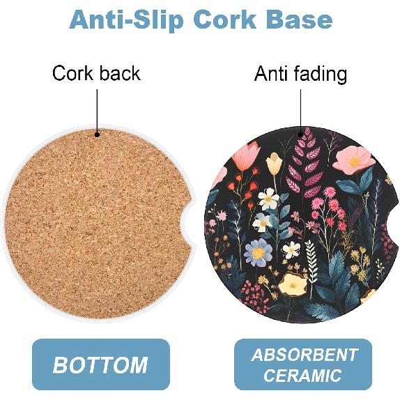 2 Pack Car Cup Holder Coasters, 2.63 Inch Anti Slip Ceramic Absorbent Coaster with Cork Base and Finger Notch, Cute Car Accessories Interior for