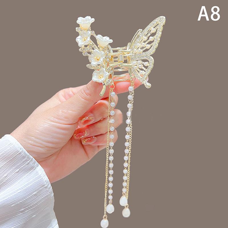 Butterfly Tassel Pearl Hair Claw Red Flower Festival Hairpin For Girls Ponytail Hair Clips Crab Women  Accessories Gifts