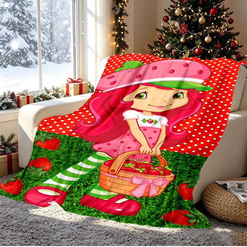 Strawberry Shortcake Pattern Blanket for Home Decoration, Bed, Sofa, Car Travel, Camping, Suitable for All Seasons, Birthday Christmas Gift