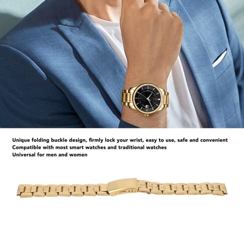 Akozon Stainless Steel Watch Buckle Replacement Metal Band Strap for Men and Women, Gold, Quick Release, Double Lock (12mm)