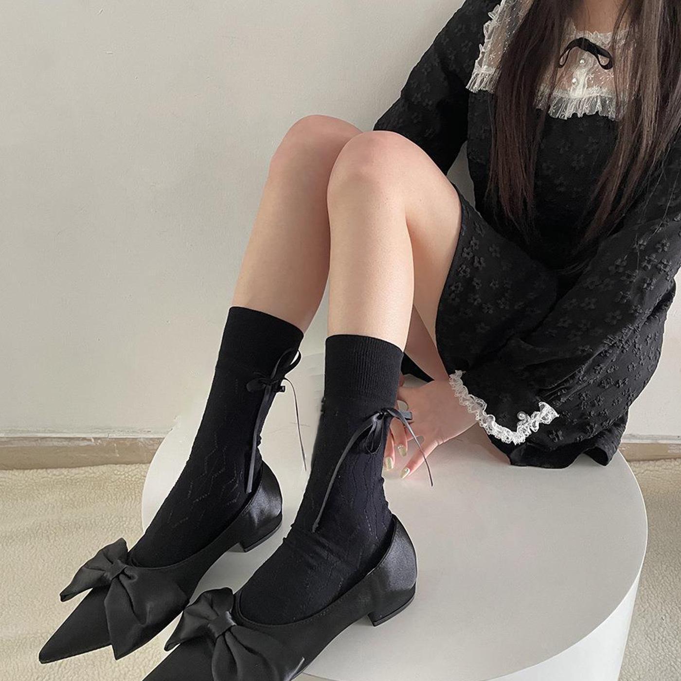 

Ажурные носки с бантом в балетном стиле, на шнуровке и с оборками - до середины икры, с лентой, JK для женщин One Size