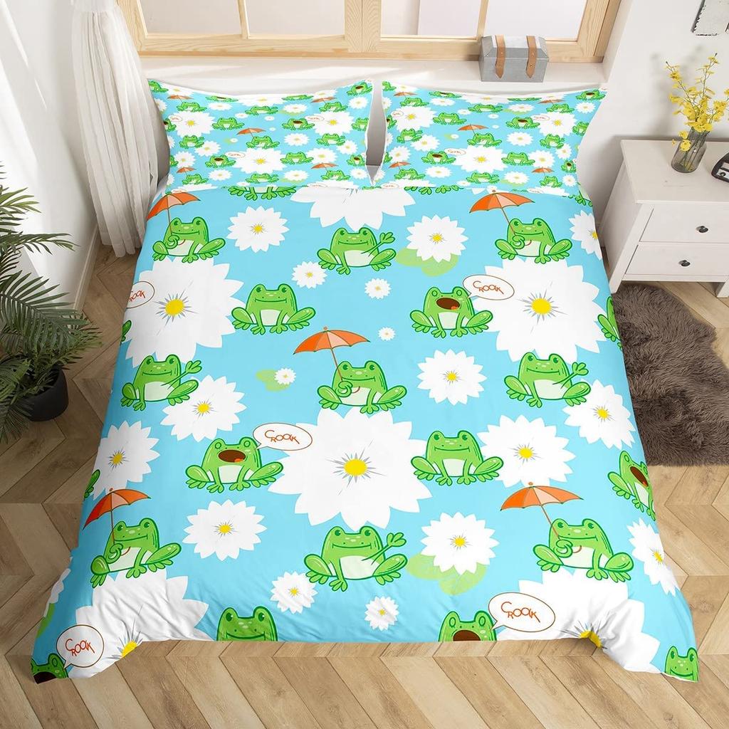 Frog Duvet Cover Cartoon Frog Bedding Set Full Size Cover Set for Women Teens Boys Kids Girls Gift Bedroom Decoration Queen Size