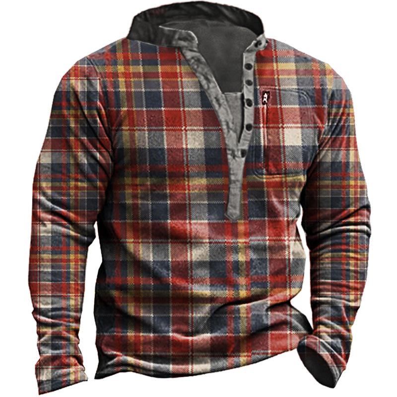 Large size men's sweatshirt autumn loose stand collar thickened 3D digital plaid printed tops in stock