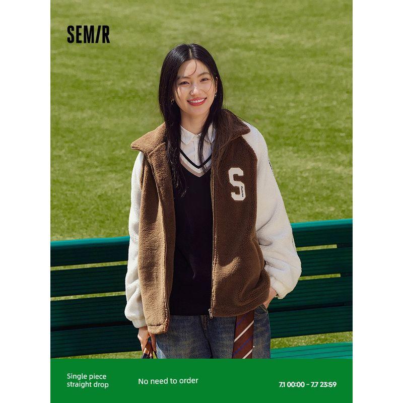 

Верхняя одежда Senma Женская рукав реглан, сочетание цветов, имитация овечьей шерсти, зима, стиль преппи, стойка, свободная, с надписью, модная, модная Coffee red 00356 150/76A/XS