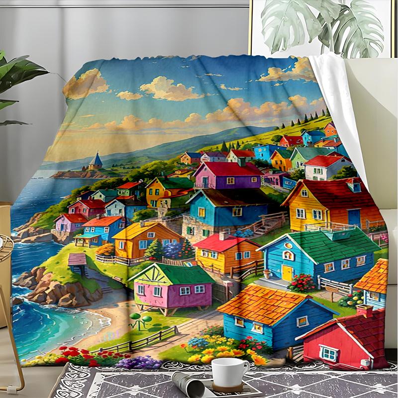 Japanese Ancient Street Night Scenery Fleece Printed Flannel Blanket, Warm Soft Throw Sofa Bed Blanket