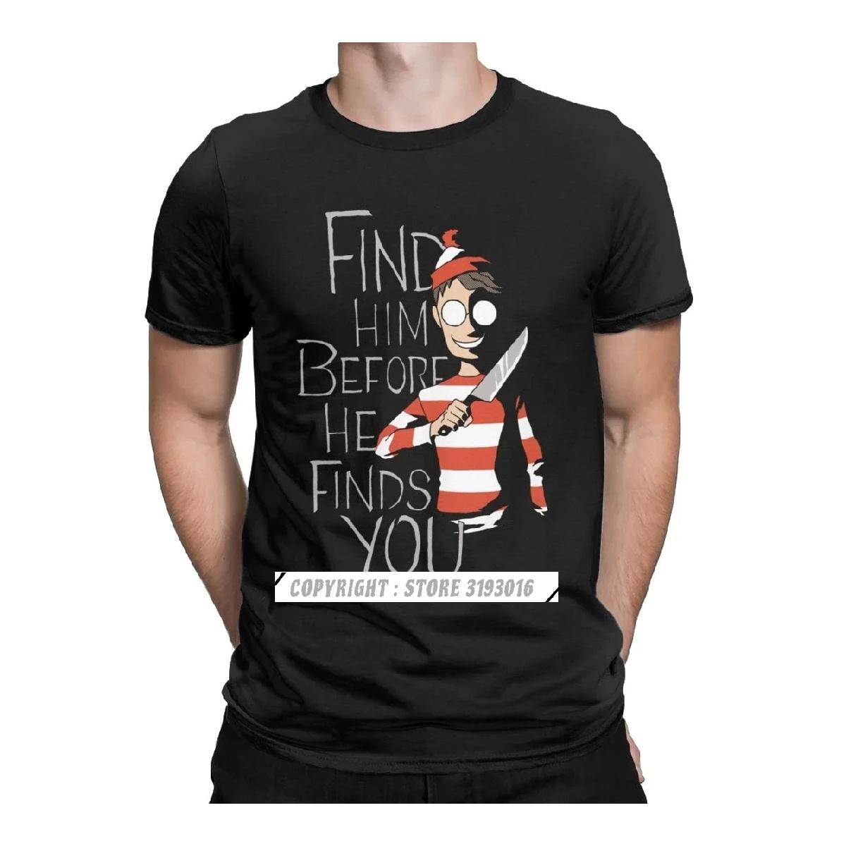

Men T Shirts Hiding In The Dark Waldo Cotton Tees Wheres Wally Parody 90s Comic Stripes Wanted T Shirts Big Size S чёрный