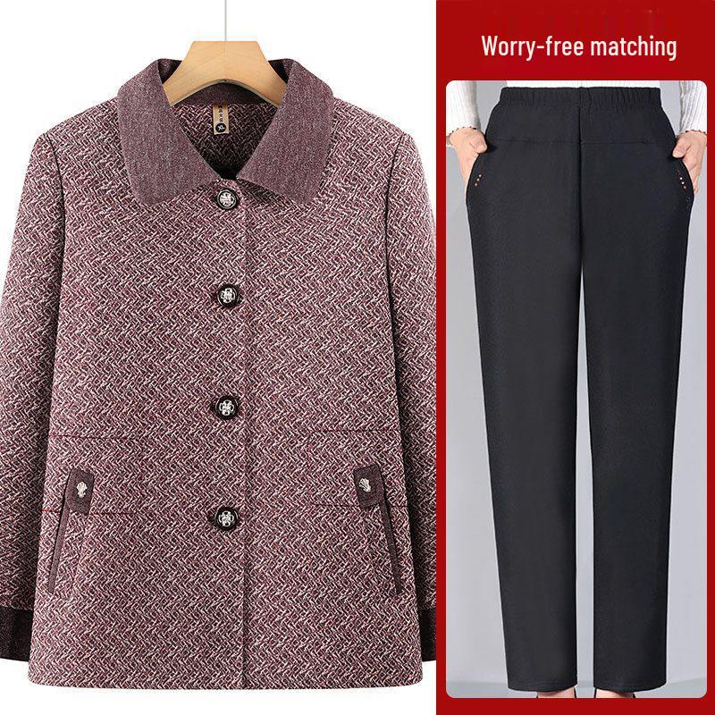 Spring Coat for Middle-Aged and Elderly Women, Lapel Design, Suitable for 60 to 80-Year-Olds, Ideal for Spring and Autumn