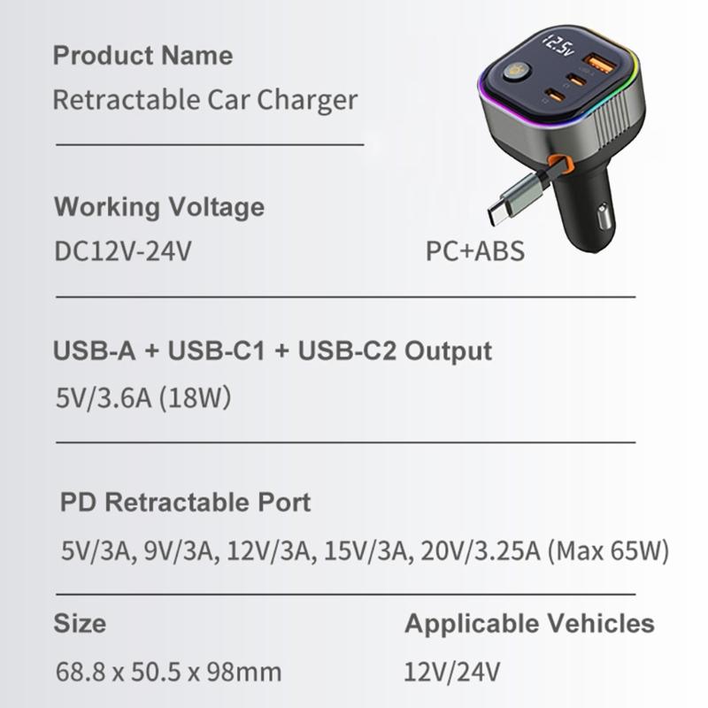 High Power Car Charger PD65W Retractable USB C Cable with 18W USB A /Type C Port Voltages Display Intelligent Protections