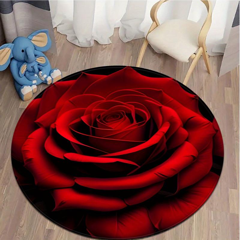 VIKAMA 1PC Round Rug With Red Rose Pattern Bedroom And Living Room Decorative Rug Home Decoration