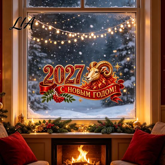 Reusable Static Decals 2027 Window Sticker, Russian Language Happy New Year Removable Vinyl Stickers Waterproof PVC Cling Decal for Home Decoration