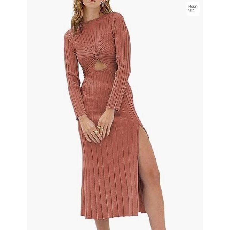 

European and American Personalized Trendy New Arrival Cut Out round Neck Pure Color Long Sleeves Slit Knitted Dress 2023 Dark red L