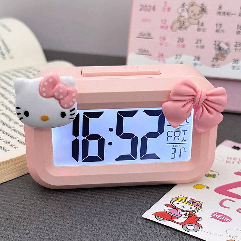 Sanrio Hello Kitty Wecker Cartoon Mini Kitty Katze Nachtleuchtende Wecker Wohnheim Desktop Ornament Student Wecker
