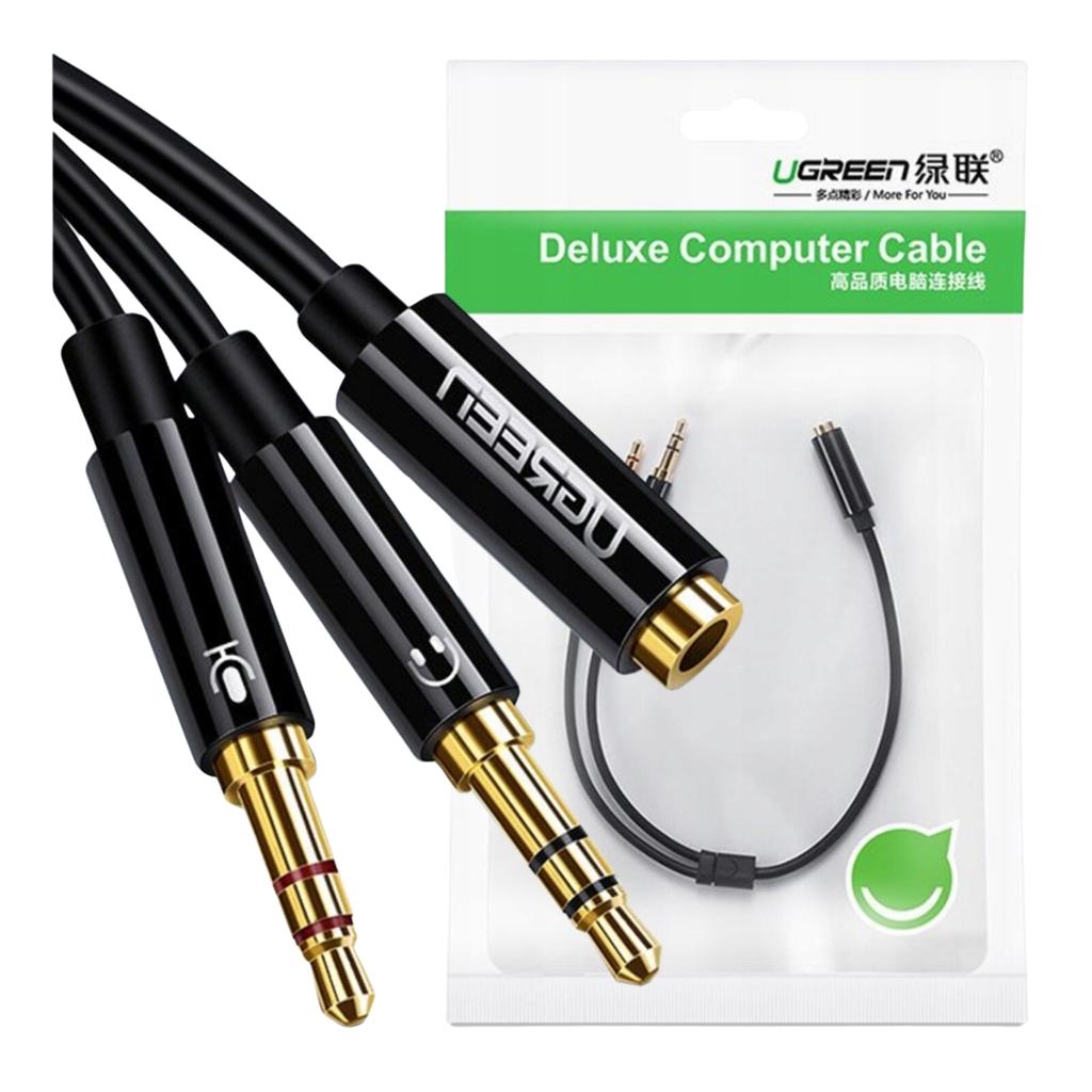 Ugreen Av140 Rozdzielacz Audio Aux Słuchawki + Mikrofon Do Kabel Mini Jack 3,5 Mm, 28Cm, Aluminium (Czarny)