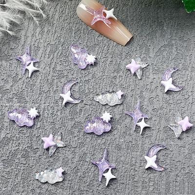 50 adet Mor Şeffaf Bulut Nail Art Takı 3D Sevimli Ay Sivri Yıldız Ay Bulut Tırnak Süslemesi DIY Kawaii Tırnak Aksesuarları