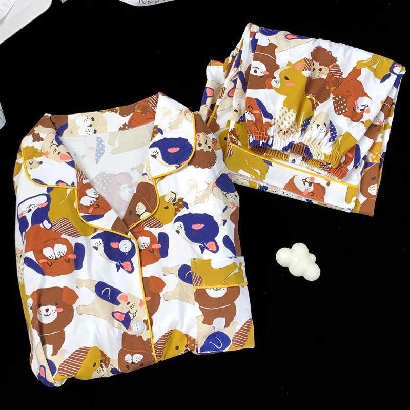Korean Ins Cartoon Cute Dog Print Women Pajamas Autumn/Winter New Milk Silk Sleepwear Long Sleeve Pant 2pc Home Set