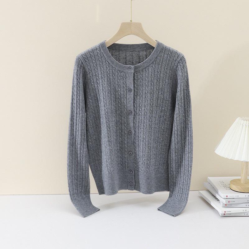 Early spring new simple round neck long sleeve twisted flower knitted wool cardigan temperament versatile small coat women's bottoming sweater