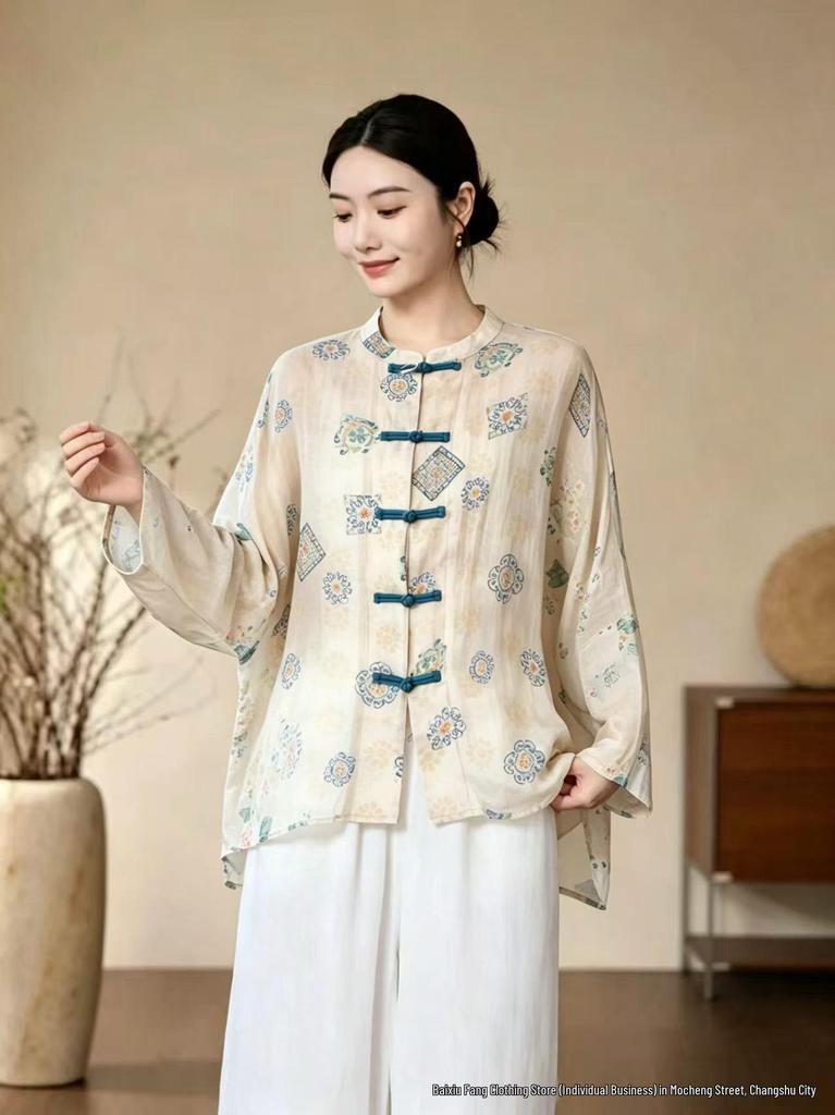 2026 Spring/Summer Women's Chinese-Style Elegant Print Stand-Up Collar Long-Sleeve Ramie Shirt