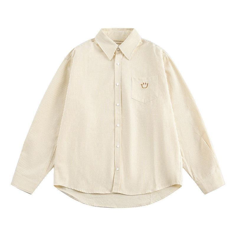 Smiley Face Embroidered Striped Shirt Women's Top Loose Korean Style Coat Long-sleeved