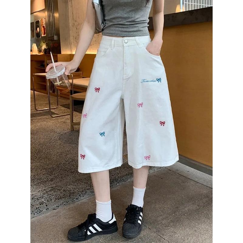 Neue Sommer Cropped Jeans Damen High Waist Vielseitig Locker Gerade Weiter Bein Shorts