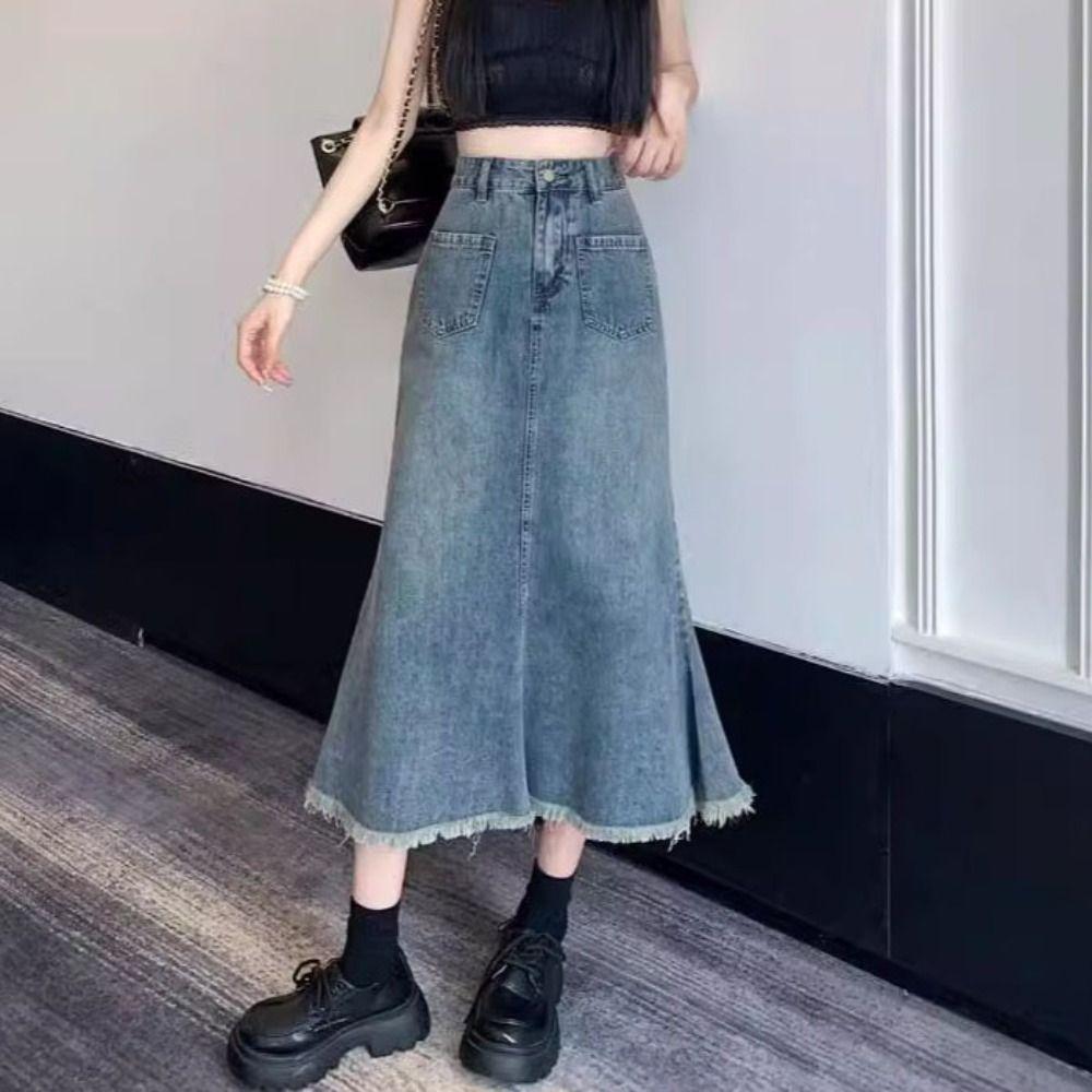 Retro Denim Skirt Women Solid Color A-line Half Dress Fashion Hairy Fishtail Skirt  Girl