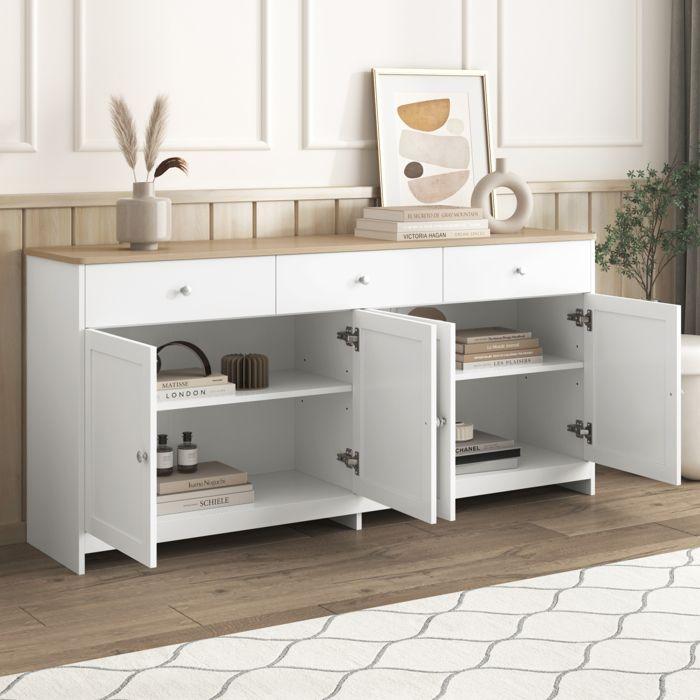 Buffet Bas - TANANT - Moderne - 4 Portes - 3 Tiroirs - Blanc Et Bois