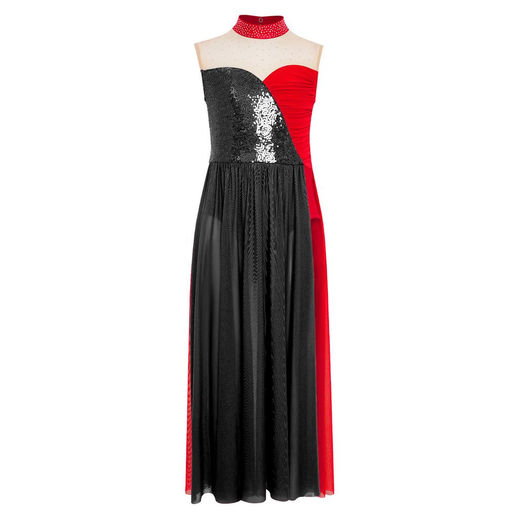Girls Lyrical Performance Dress Sleeveless Sparkling Sequins Top And Color Block Side Split Skirt