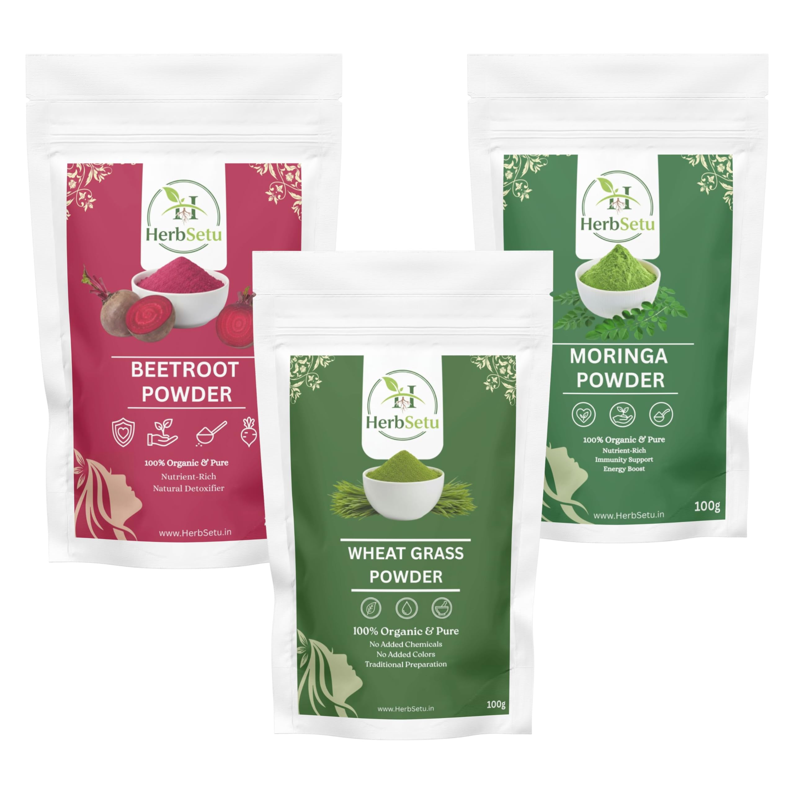 HerbSetu Organic 100G Each Wheat Grass Powder + Beetroot Powder + Moringa Powder Combo | Natural Superfood Trio for Immunity, Energy & Daily Well