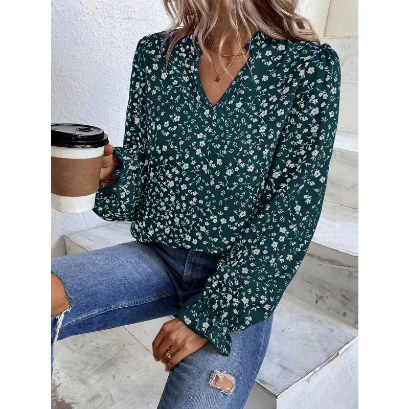Podzimní dámská halenka s květinovým pulovrem, výstřihem do V, volánkovým, sladkým, potištěným tričkem s dlouhým rukávem