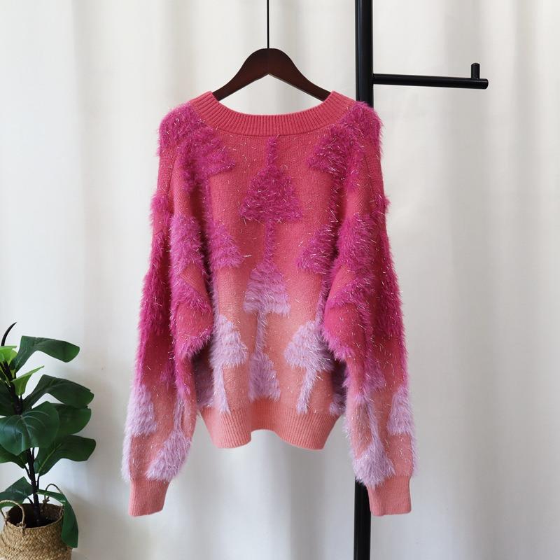 Splicing Imitation Mink Velvet Knitted Sweater Top Autumn and Winter New Loose and Gradual Change Color Bright Silk Sweater Pullover Women