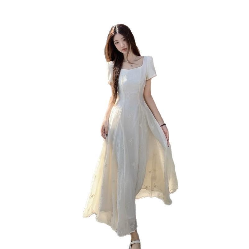 Coffee break French niche temperament cleaning apricot dress women's summer large size fat mm waist feeling vacation style dress