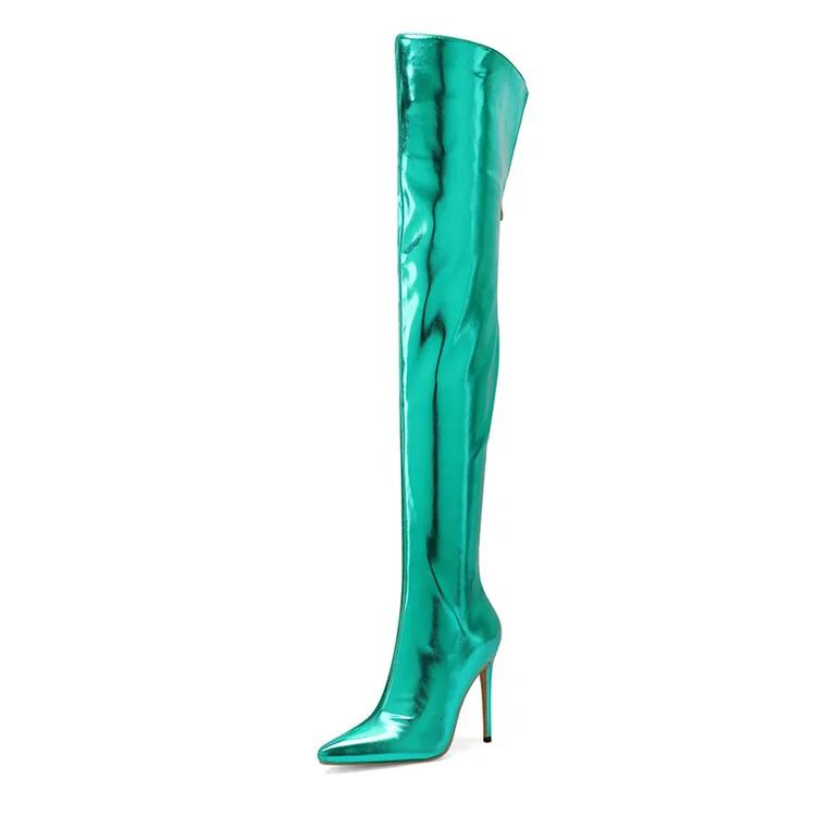 Sexy Silver Gold Rear Zipper Over Knee Boots Women's Pointed High Heels European and American Fashion Long Boots Big Size