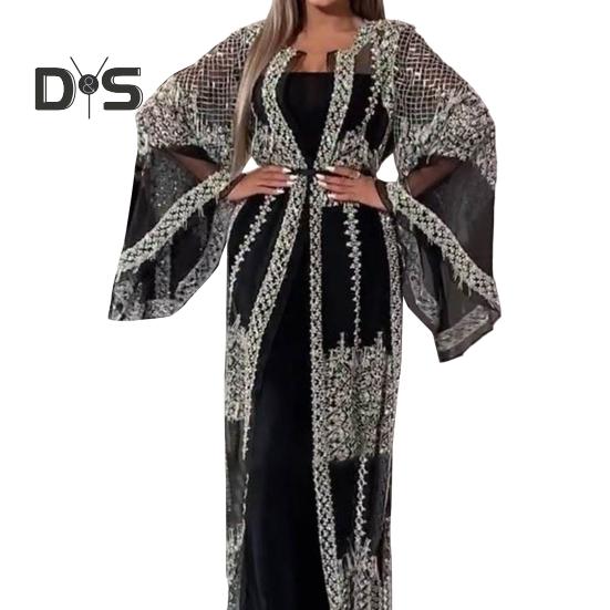 2 Pcs/Set Women Evening Dress Big Swing Shiny Bronzed Cardigan Slip Dress Set See-through Mesh Long Sleeve Coat Cocktail Events Special Occasions