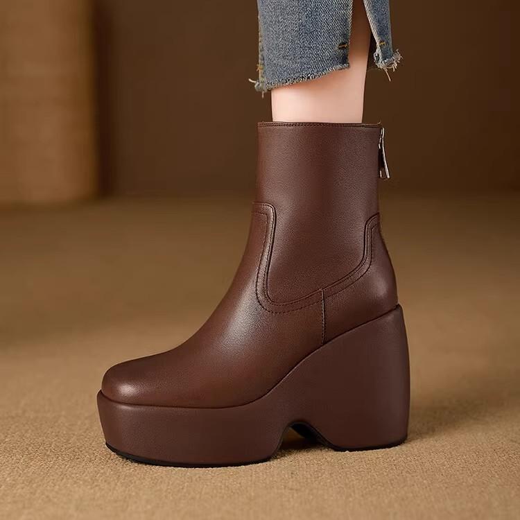 

Модные женские туфли на танкетке 10 см, высокие каблуки, ботильоны на платформе, зима 2025, новые кожаные ботинки челси, элегантные готические ботинки Mujer 35 коричневый
