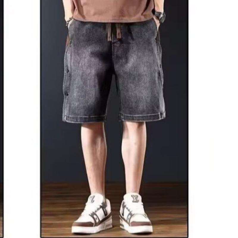 Mens Vintage Washed Denim Shorts Casual Elastic Waist Drawstring Knee Length Pants
