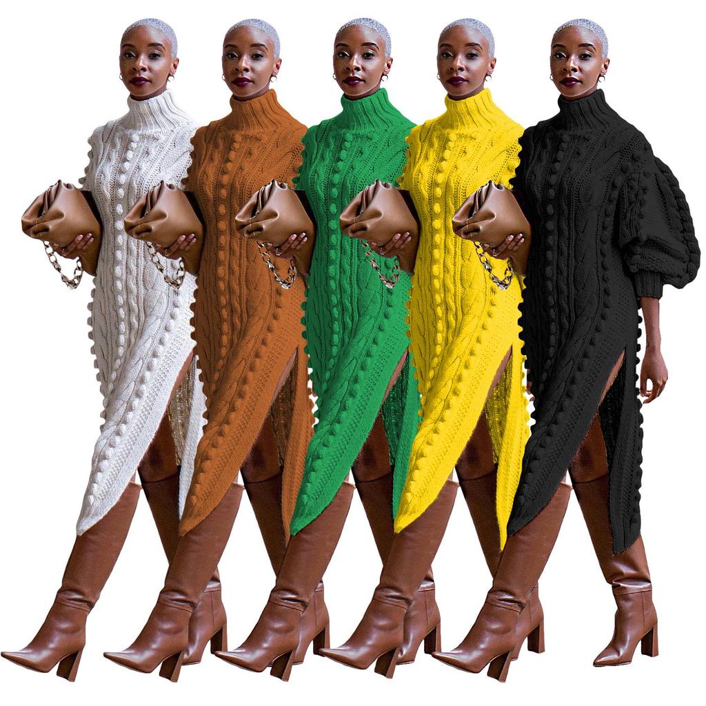 European & American Women's High Neck Knitted Slit Dress