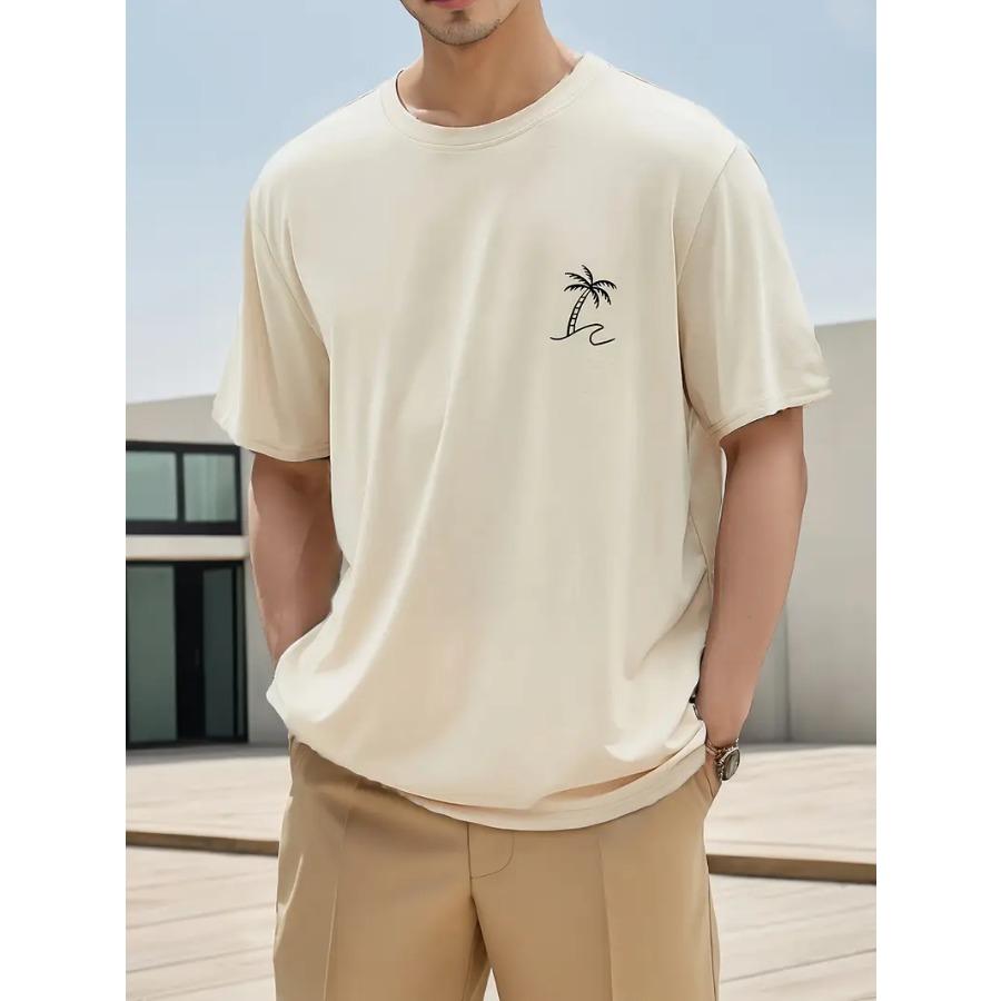 Coconut Tree Sketch Pattern Pure Cotton Crew Neck And Short Sleeve T-shirt, Men's Summer Fashion Tee, Casual And Trendy Tops For Daily Outerwear