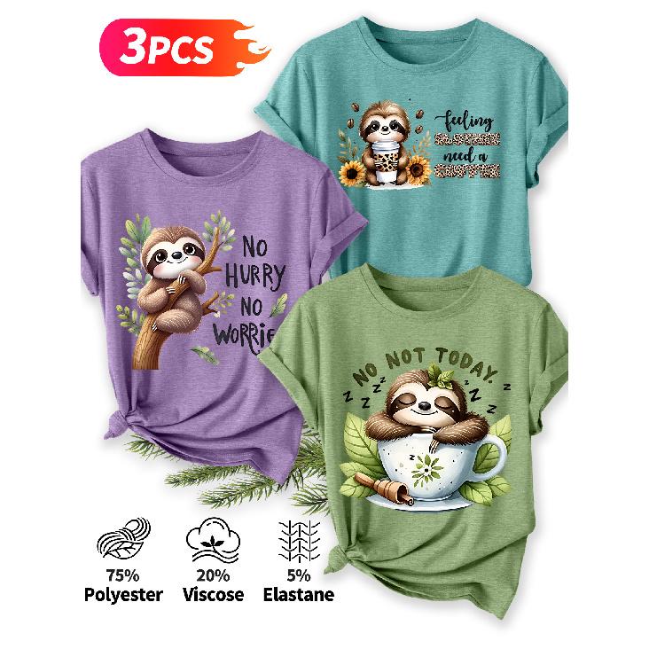 2026 3 Pack Sloth Print Round Neck Women Short Sleeve T Shirts Elegant Casual Holiday Spring Summer Tops