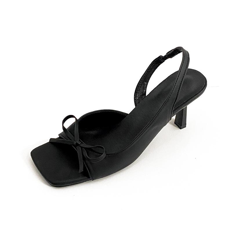 New bow-tied back strap high heels for women's 2025 new summer outer wear one-word with temperament open-toed square head sandals