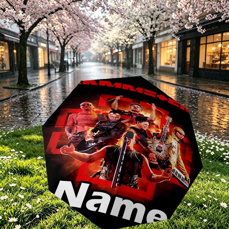 Custom Name Personalized Rammstein Print Umbrella, Auto Open Close, 8‑Rib Sturdy Frame, Commute Camping Hiking Use, Birthday Gift