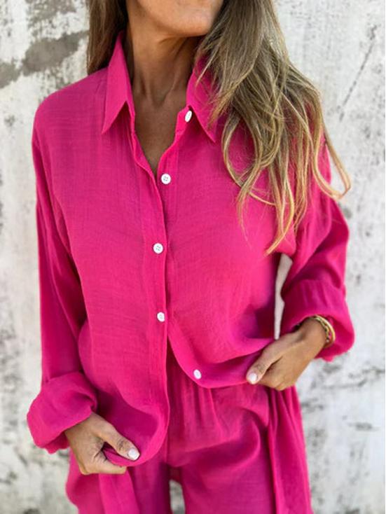 European & American Women's Cotton Linen Two-Piece Set: Solid Color Long Sleeve Crinkle Shirt and Casual Shorts (2025)