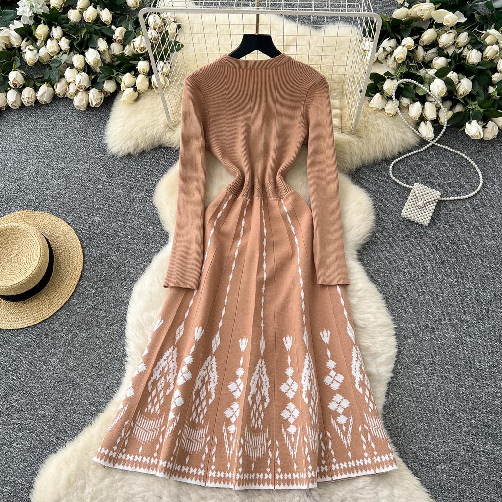 Mode Druck Strickwaren Pulloverkleid Damen Diamanten O-Ausschnitt Elastisches Slim Design 2025 Herbst Warm Französisch OL Lange Kleider