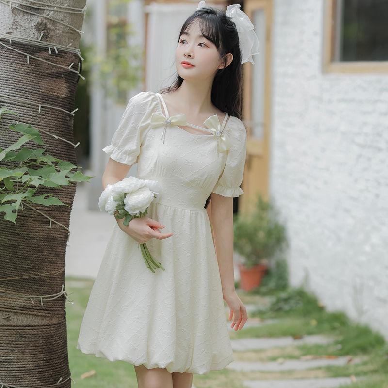 

Women s New Retro Bow Square Collar High-end Short-sleeved Dress XXL абрикосовий